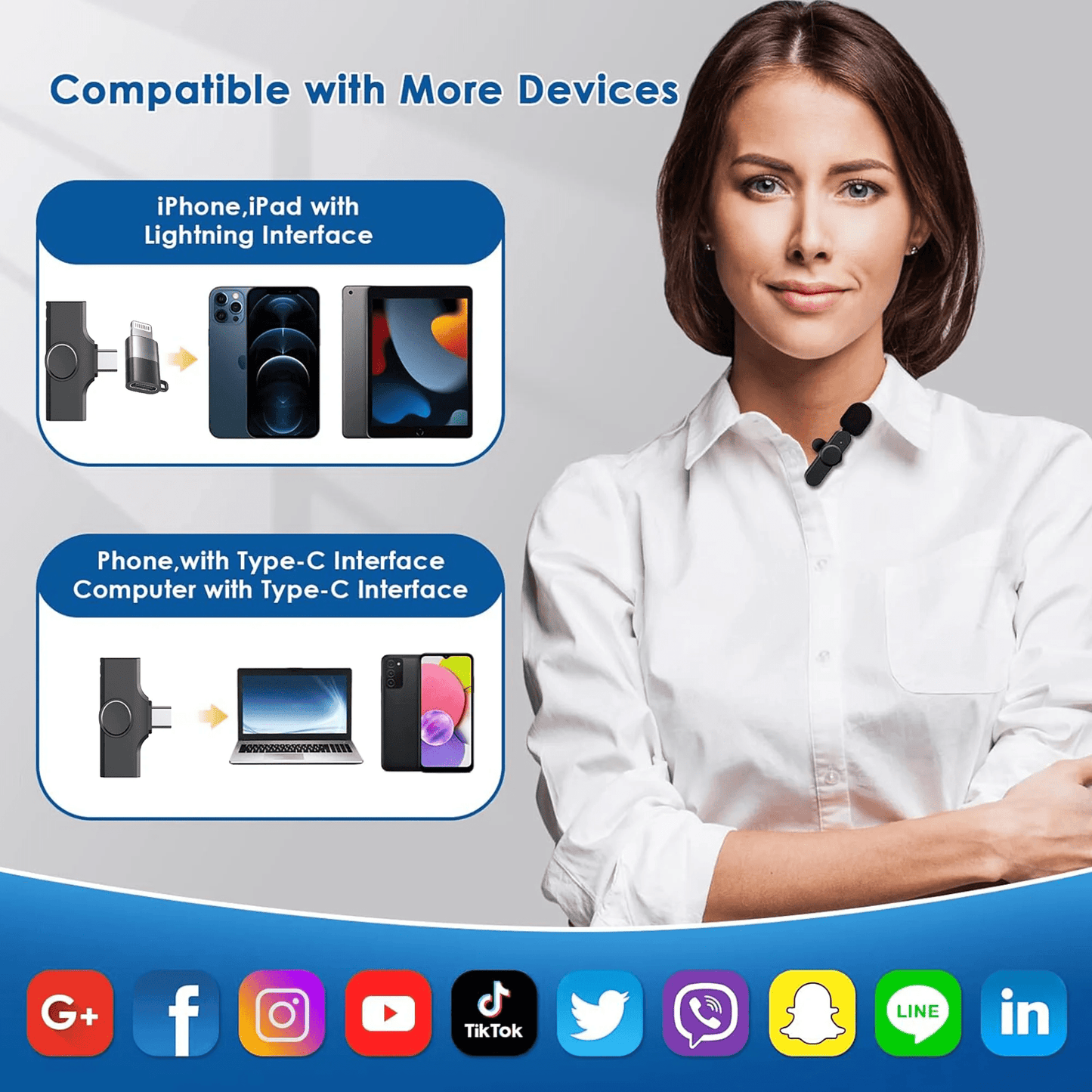 Wireless Lavalier Microphone for Phone, Wireless Microphone for Video Recording, Live Stream, Noise Reduction & Plug-Play