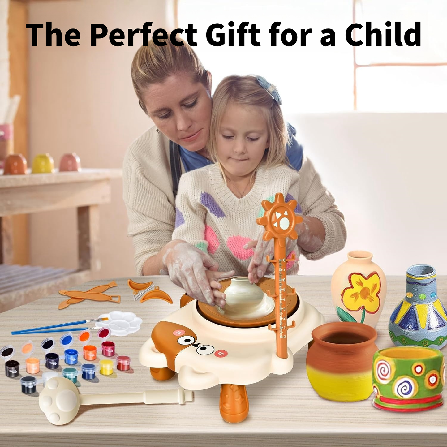 Kids Pottery Wheel,Mini Pottery Machine With 3 Clays,Pottery Set for Kids Ages 8-12,Cat Pottery Machine,Two Speeds,Air Dry Sculpting Clay and Craft Paint Toy Kit