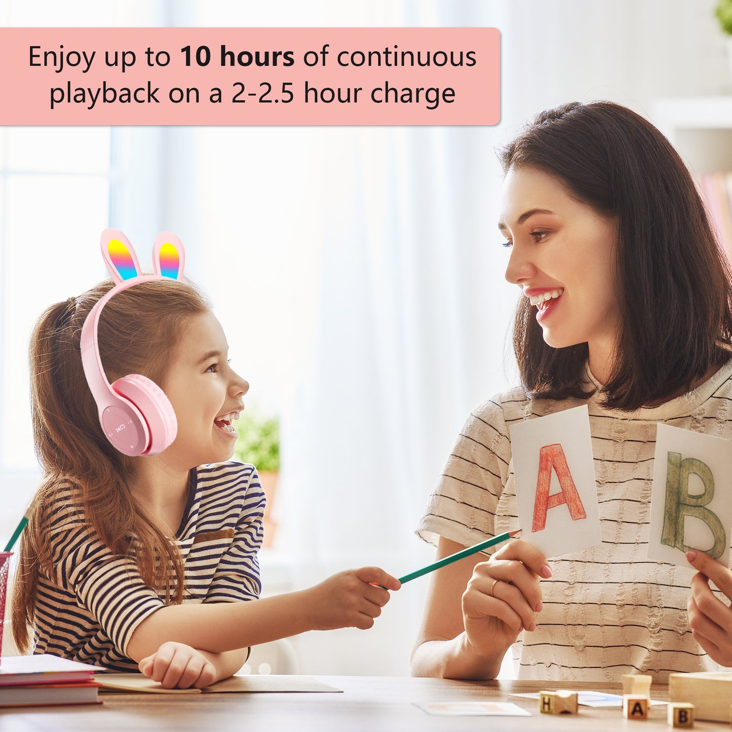 2 Pack Kids Headphones,Wireless Headphones for School,Rabbit Ear with LED Light,Foldable Headset for Online Study,Noise-canceling Stereo,Gifts for Boys and Girls