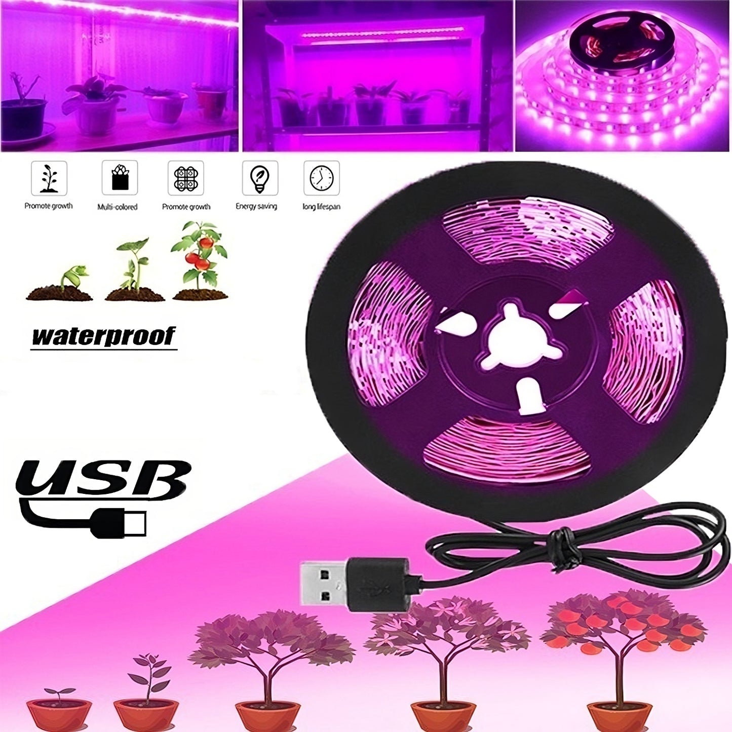 3 Pack Grow Lights,16.4 ft Induction Plant Lamp,Flexible Cut Plant Grow Lights,Waterproof Purple LED Grow Light Strips for Greenhouse Succulents Flowers Vegetables