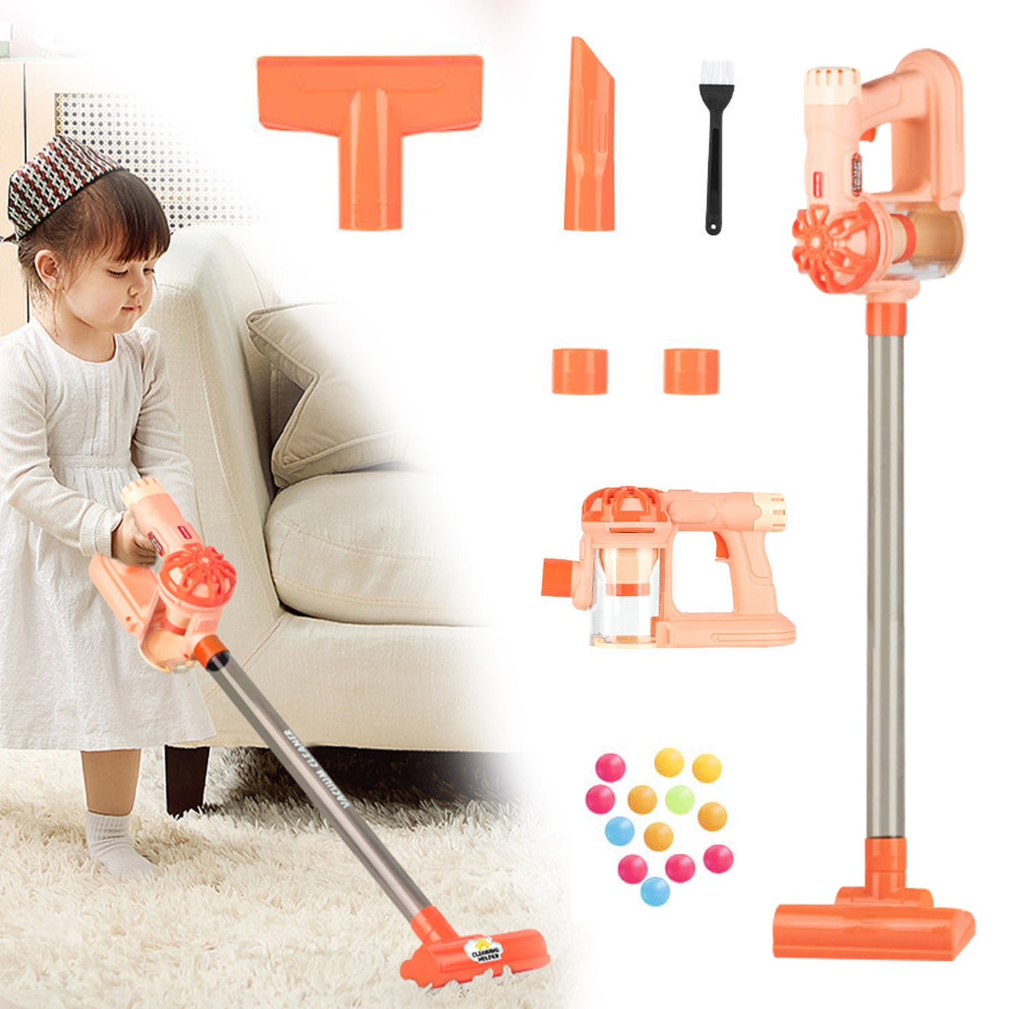 Toy Vacuum Cleaner,Toddler Vacuum Cleaner,4-in-1 Kids Cleaning Set,Kids Working Toy Vacuum Cleaner with Real Suction,Pink,Gift for Girls Age 4-8