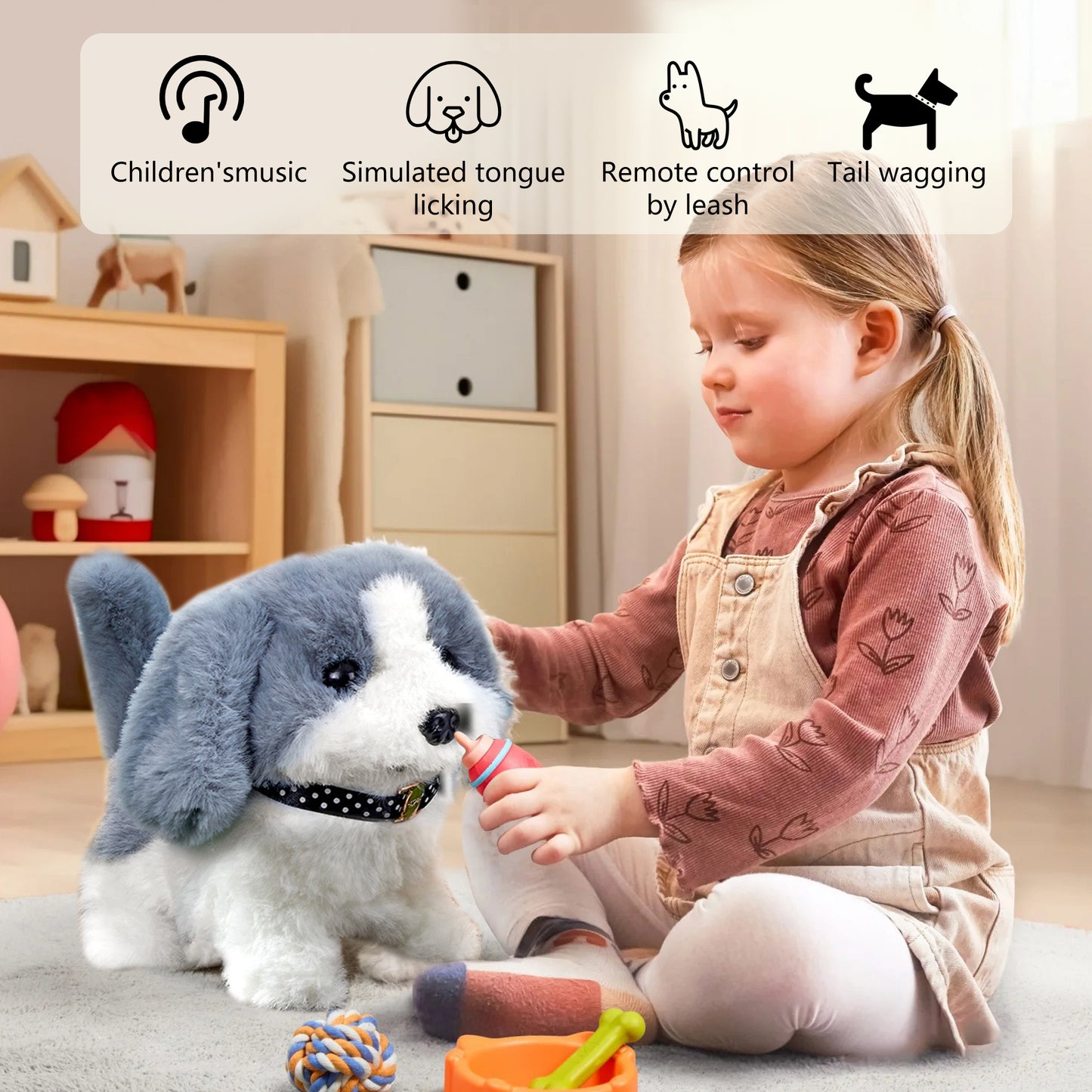 12 Pcs Walking Puppy Toy for Kids,Toy Dog That Walks and Barks,Grey and White Teddy dog,Best Plush Dog Toy Gifts for Kids 3 4 5 6+ Year Old