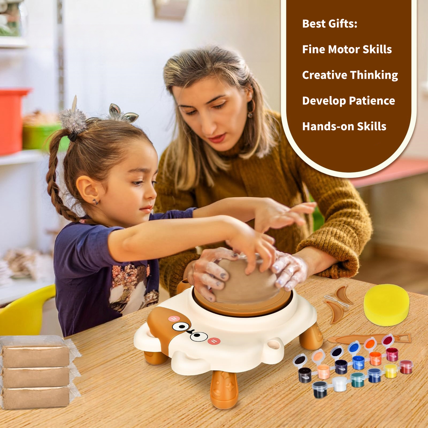 Kids Pottery Wheel,Mini Pottery Machine With 3 Clays,Pottery Set for Kids Ages 8-12,Cat Pottery Machine,Two Speeds,Air Dry Sculpting Clay and Craft Paint Toy Kit