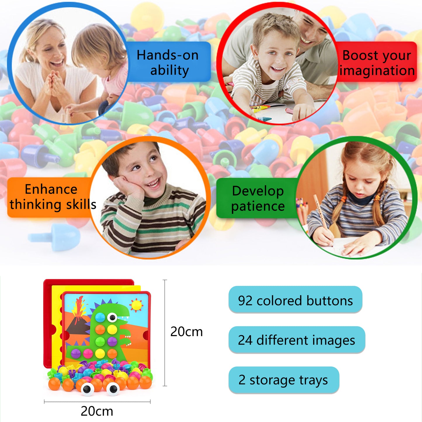 Pegboard Toys for Toddlers,Color Matching Mosaic Button Art Toys,Early Learning Educational Toys for 3+ Year Old Boys and Girls Christmas Gifts,24 Pictures and 92 Buttons