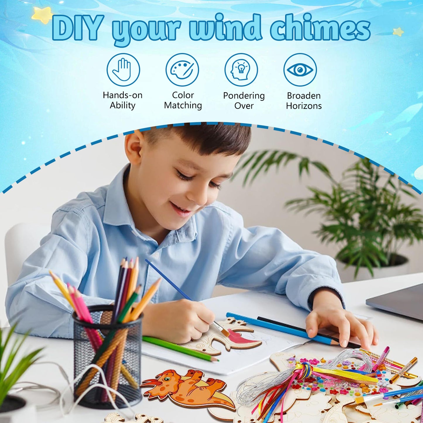 DIY Wind Chimes,Wooden Dinosaurs and Sea Creatures 19 Pcs,Crafts for Kids Ages 8-12,Make and Doodle Your Own Wind Chimes,Craft Gifts for Boys and Girls