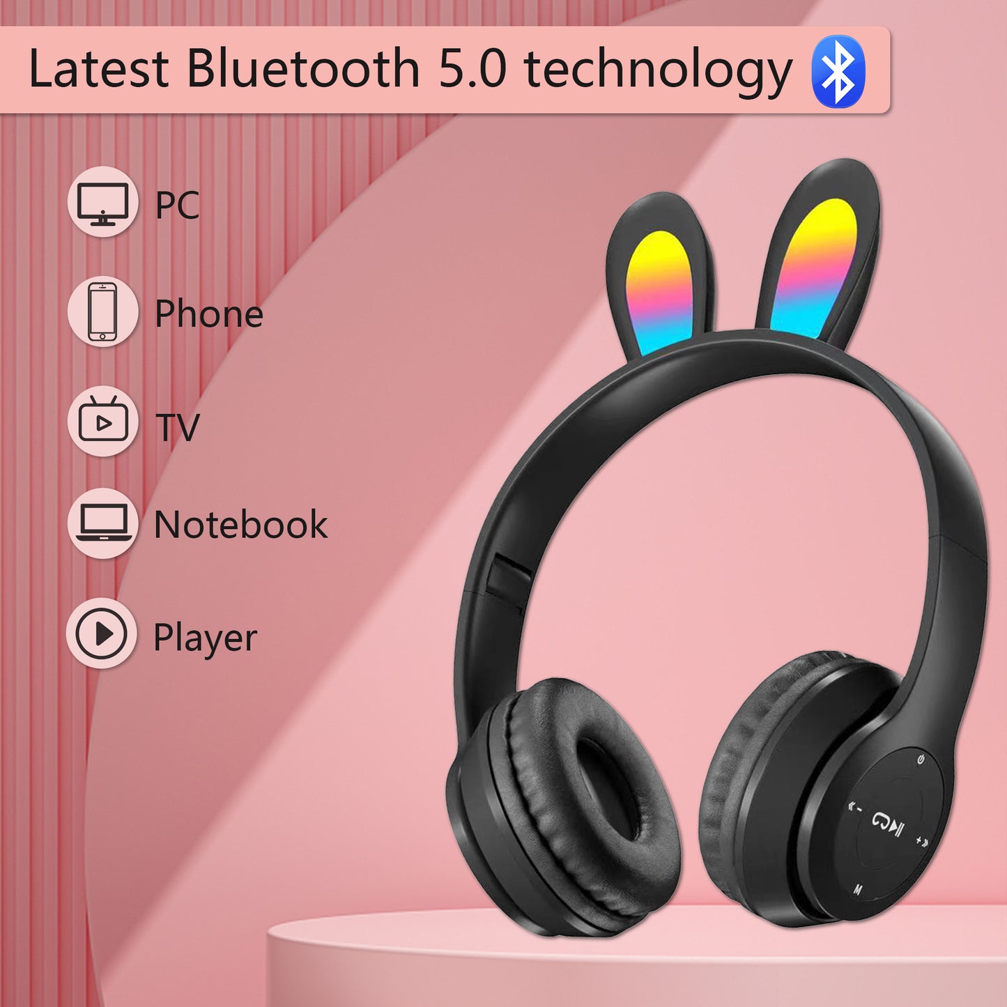 2 Pack Kids Headphones,Wireless Headphones for School,Rabbit Ear with LED Light,Foldable Headset for Online Study,Noise-canceling Stereo,Gifts for Boys and Girls