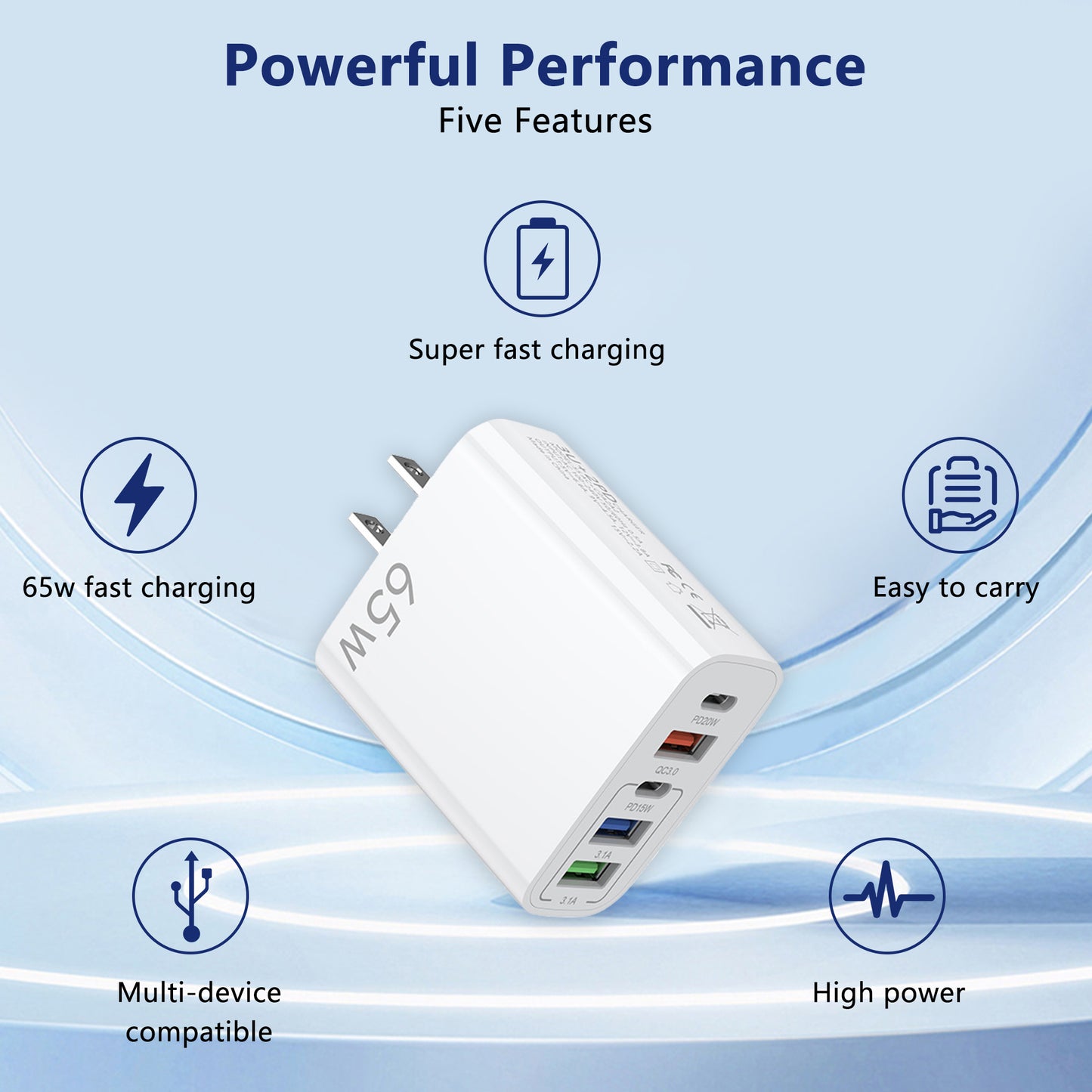 65W USB C Fast Charger,2 Pack Wall Charger Block,6 Port Power Adapter,Compatible with Various Types of Mobile Phones and Computers,White