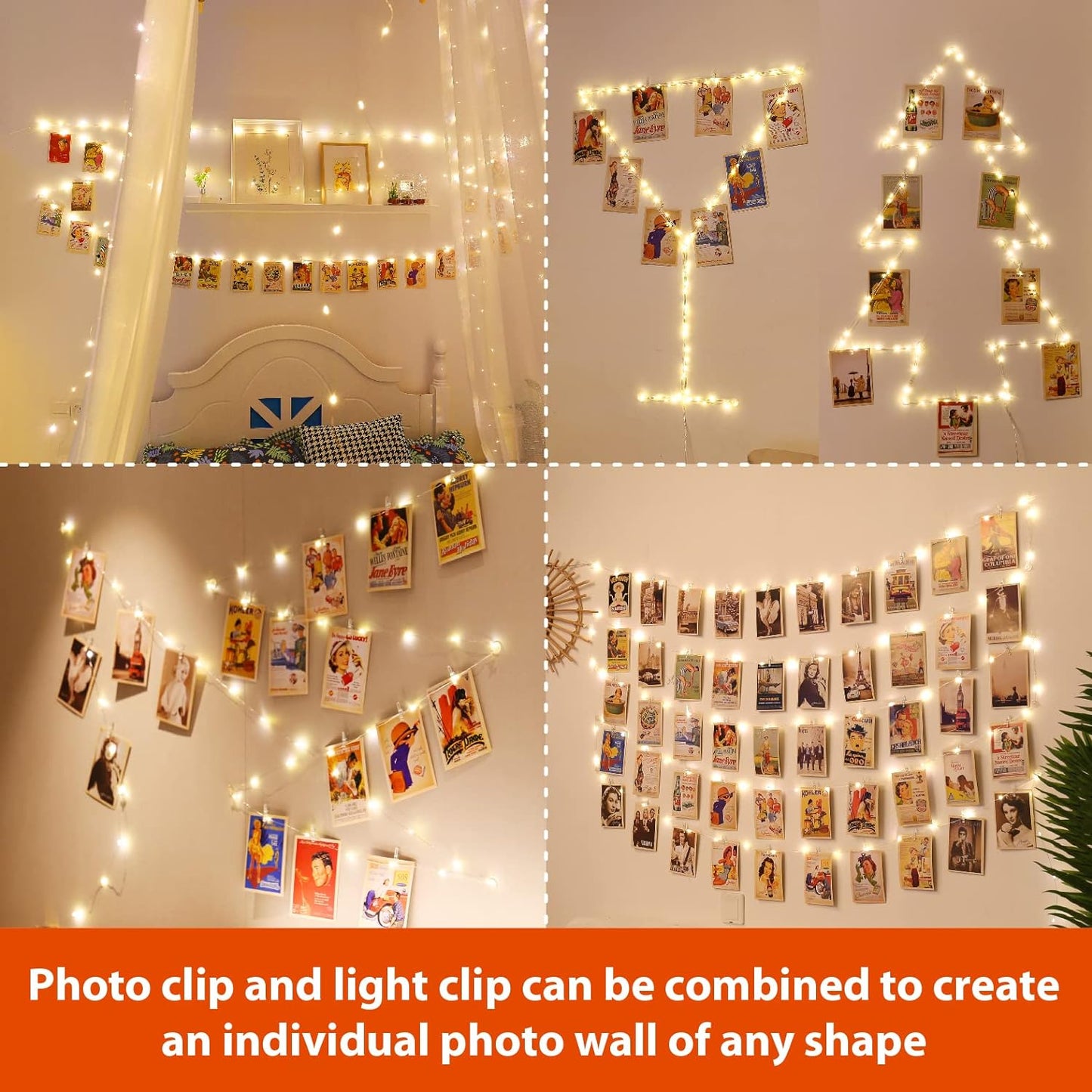 2 Pack 65.6 ft Photo String,USB Photo Clip Light,100 Clip String Lights,200 LED Photo Clips for Picture Party Bedroom Wedding,Warm White