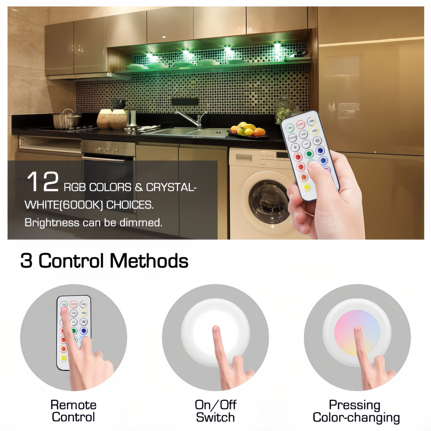6 Pack 13 Colors Puck Lights,4 Dynamic Lighting LED Puck Lights,Remote Puck Lights,Under Cabinet Puck Lights,Adjustable Brightness Stick On Light for Counter Kitchen Wardrobe,2.44 in