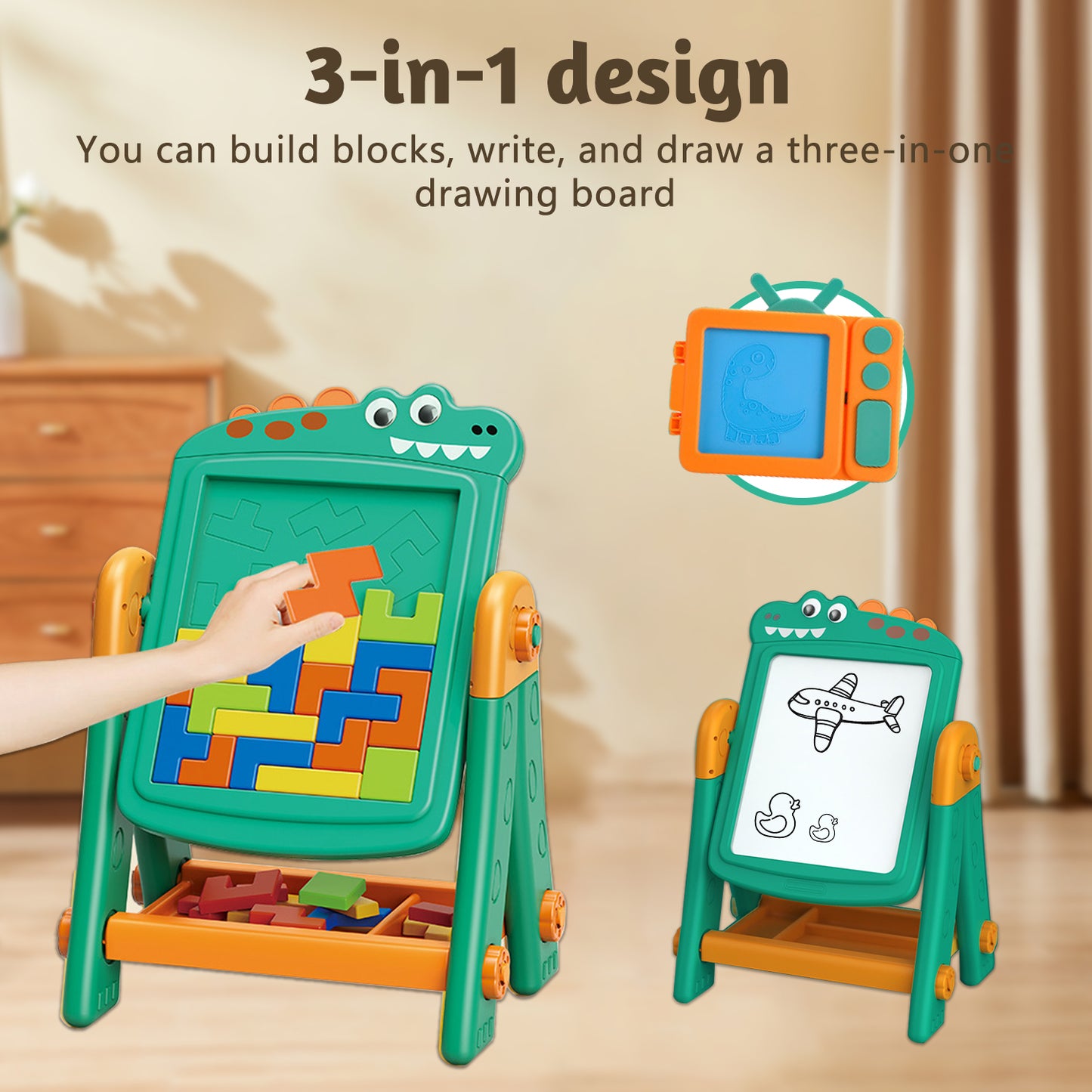 Art Easel for Kids,Kids Blackboard,3-in-1 Easel for Kids Ages 4-8,Double-sided Adjustable Standing Easel,Art Gifts and Educational Toys for Kids,Green