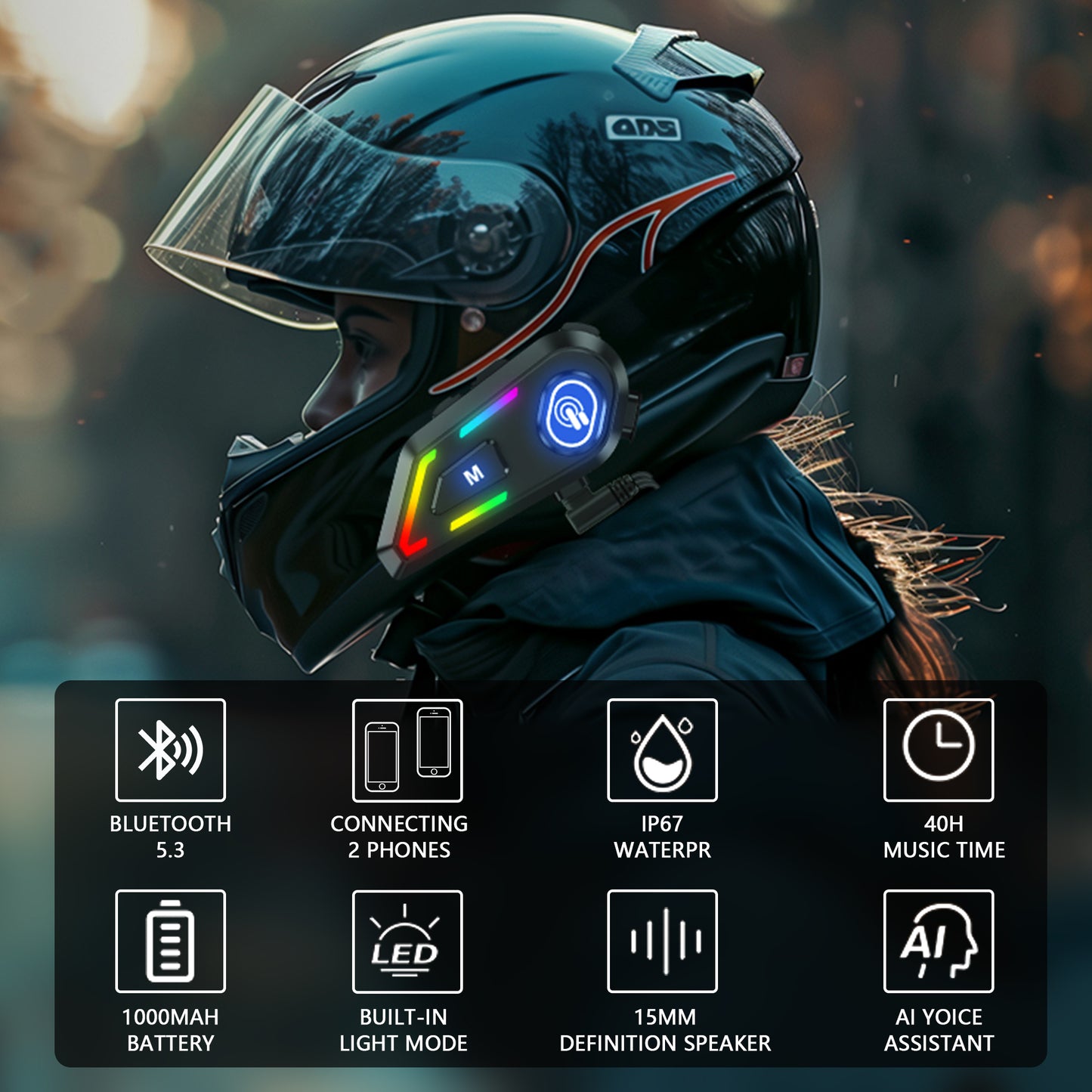Motorcycle Headset with Colorful LED light,Motorcycle Helmet Headset Communication System,Motorcycle Helmet Speakers,Waterproof Noise Cancellation,Music Connection