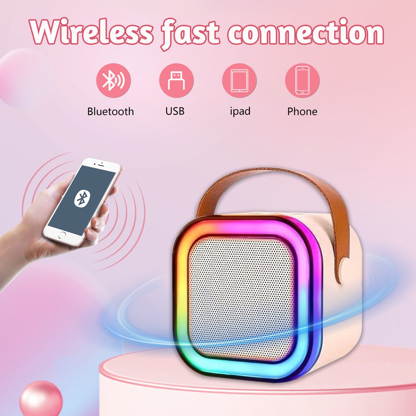 Kids Karaoke Machine,Portable Karaoke Machine with 2 Wireless Microphone,LED Light Music Party Gifts for Girls and Boys 6-10 Year Old,Pink