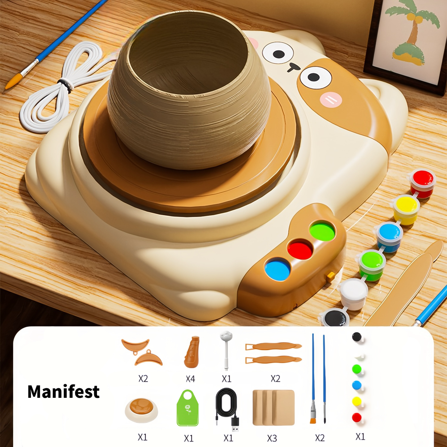 Kids Pottery Wheel,Mini Pottery Machine With 3 Clays,Pottery Set for Kids Ages 8-12,Cat Pottery Machine,Two Speeds,Air Dry Sculpting Clay and Craft Paint Toy Kit