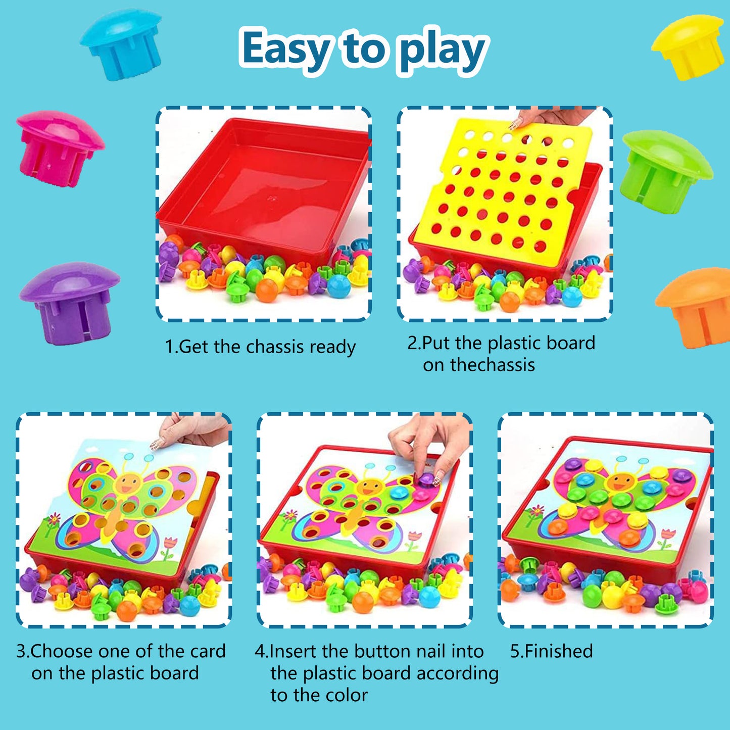 Pegboard Toys for Toddlers,Color Matching Mosaic Button Art Toys,Early Learning Educational Toys for 3+ Year Old Boys and Girls Christmas Gifts,24 Pictures and 92 Buttons