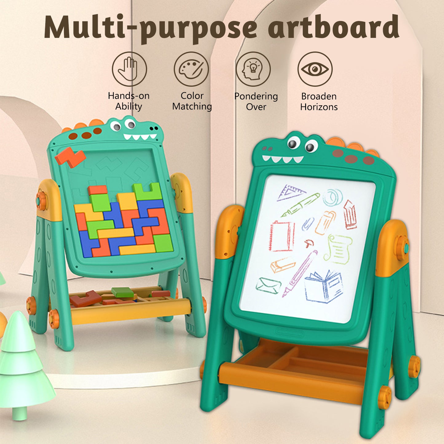 Art Easel for Kids,Kids Blackboard,3-in-1 Easel for Kids Ages 4-8,Double-sided Adjustable Standing Easel,Art Gifts and Educational Toys for Kids,Green