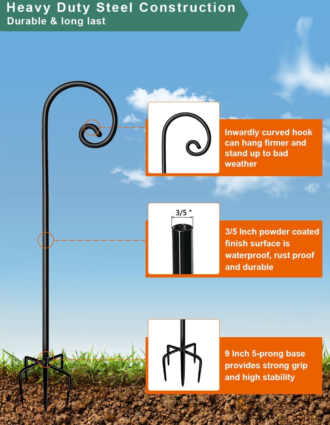 2 Pack Shepherd Hook 48 inch Rust Resistant Garden Hanging Basket Hanger Pathway LightLantern Wind Chimes Wedding