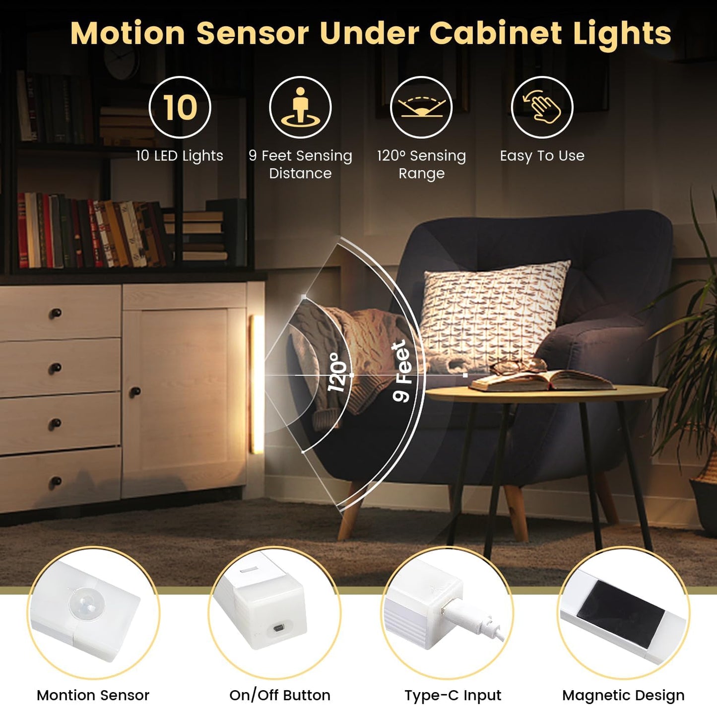 6 Pack USB Under Cabinet Lights,Sticky Lamps Motion Sensor Light,Three Modes Dimmable Closet Light,Wireless Under Counter Lights for Kitchen Stairs,White LED 11.81 x 0.78 in
