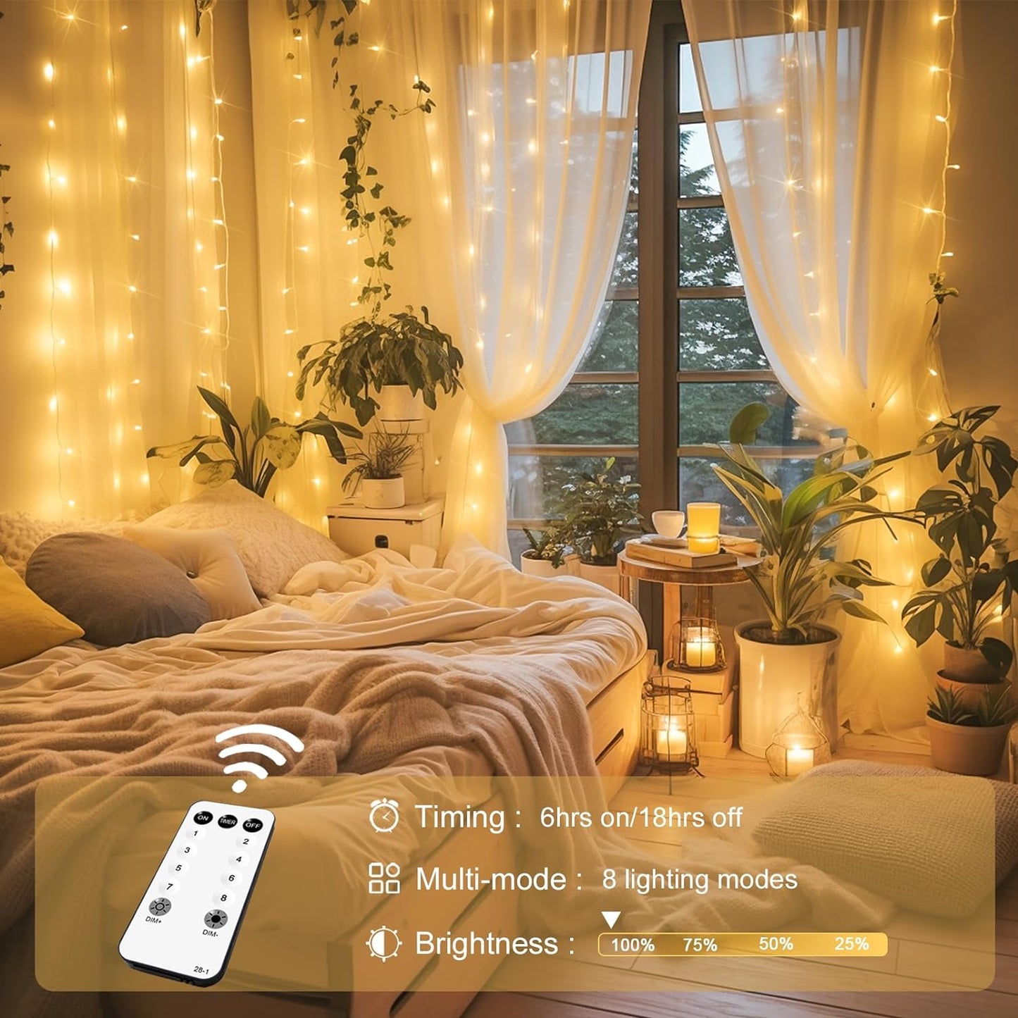 3 Pack Curtain Lights,USB 900 LED Curtain Lights,8 Modes String Curtain Lights for Christmas Bedroom Party Garden Wall Decorations,Warm White(9.9x9.9 ft)