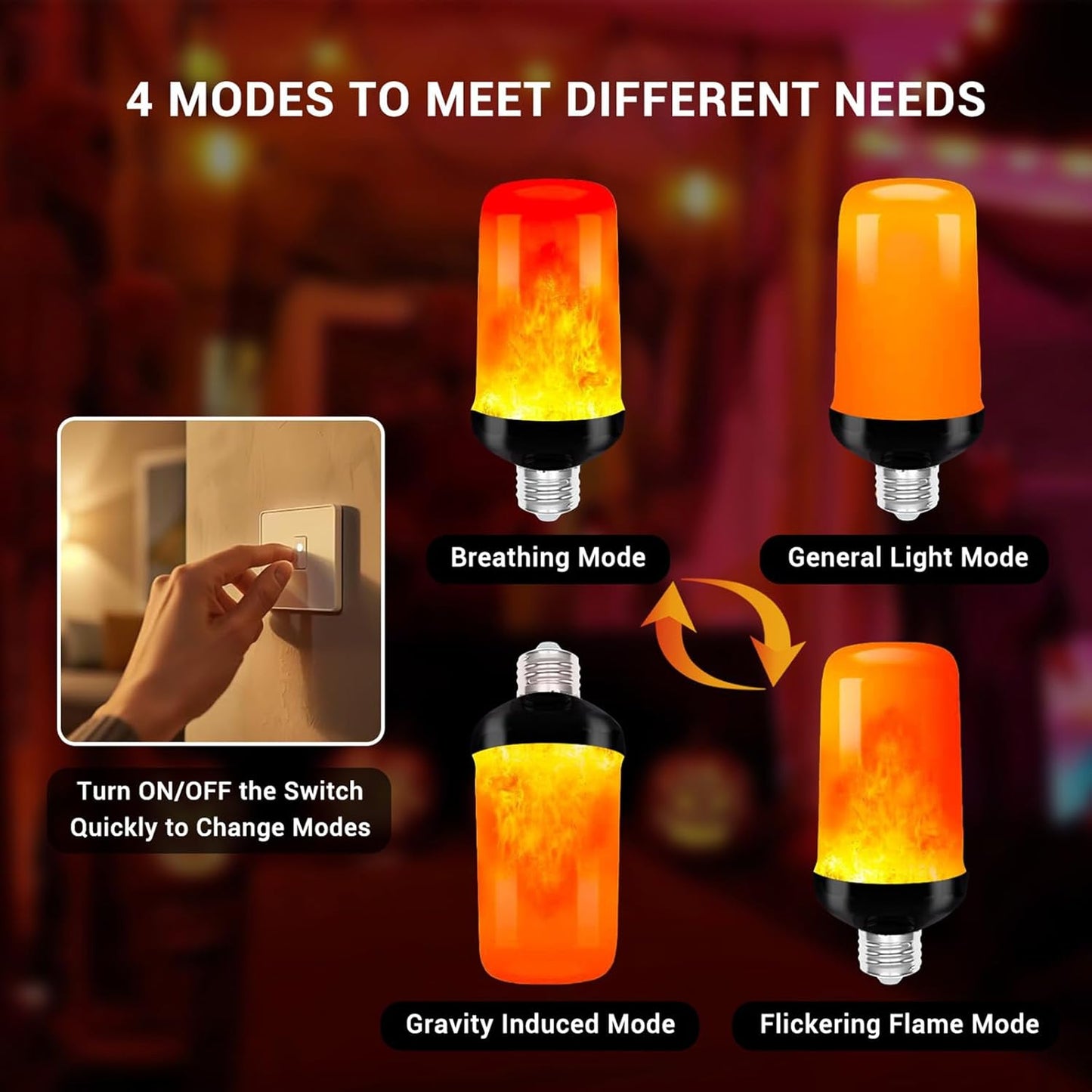 Upgraded LED Flame Bulbs,4 Modes Flickering Light Bulbs,E27 Base Fire Light Bulb With Gravity Sensor,Flame Light Bulbs Halloween Home Party (6 Pack)