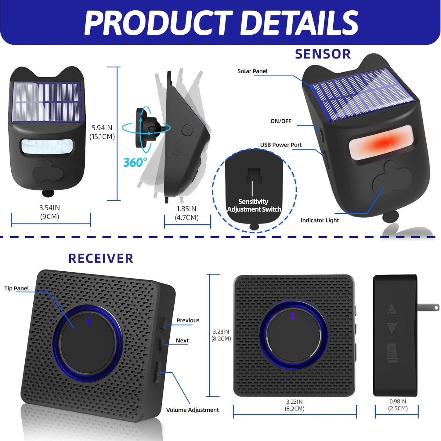 Solar Driveway Alarms Wireless Outside Weatherproof Motion Detector & Sensor for 700ft Long Range - No Need Replace Batteries Security Driveway Alert System - Monitor & Protect Outside Property