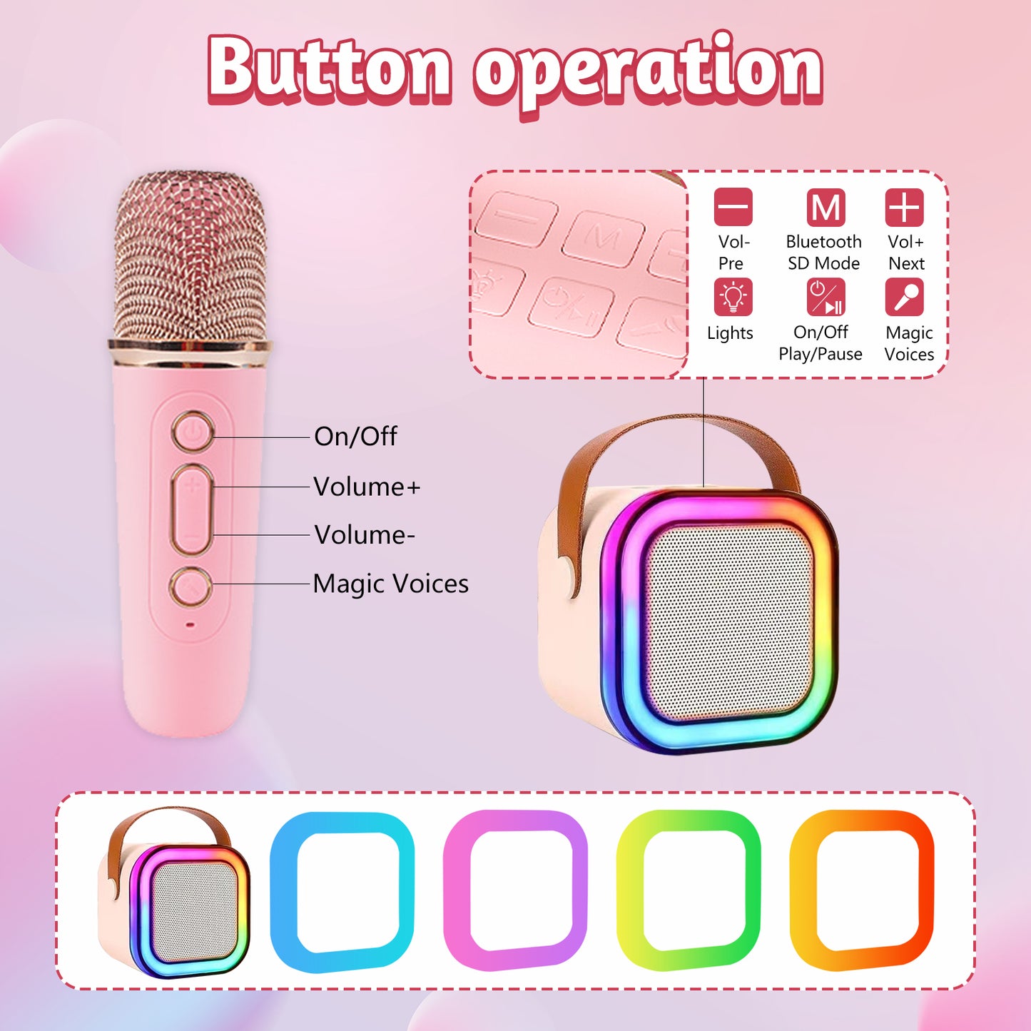 Kids Karaoke Machine,Portable Karaoke Machine with 2 Wireless Microphone,LED Light Music Party Gifts for Girls and Boys 6-10 Year Old,Pink