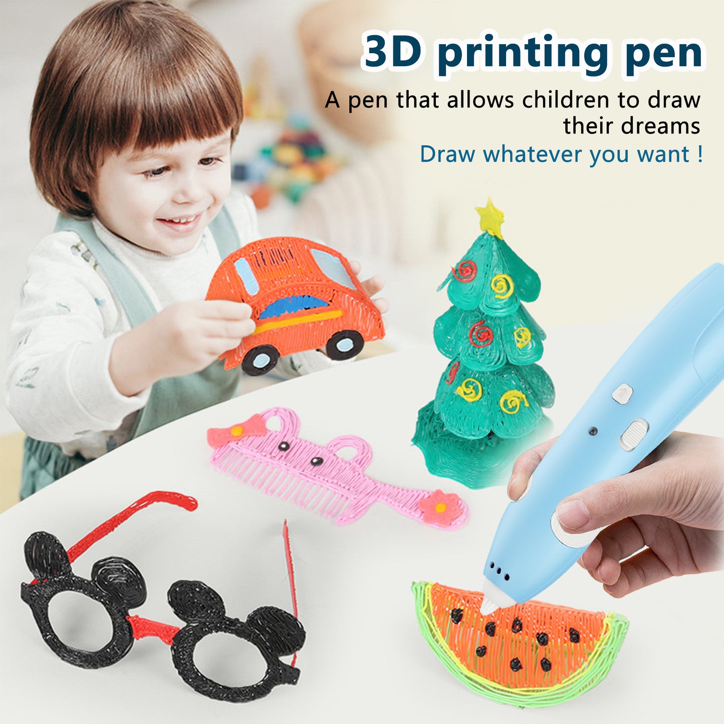 3D Printing Pen,Kids Blue Wireless 3d Pen With 13 3D Pen Filaments,Two-speed Adjustable,Stencil Book,Project Guide,And USB Charger,Christmas or Birthday Gifts for Kids Aged 6+