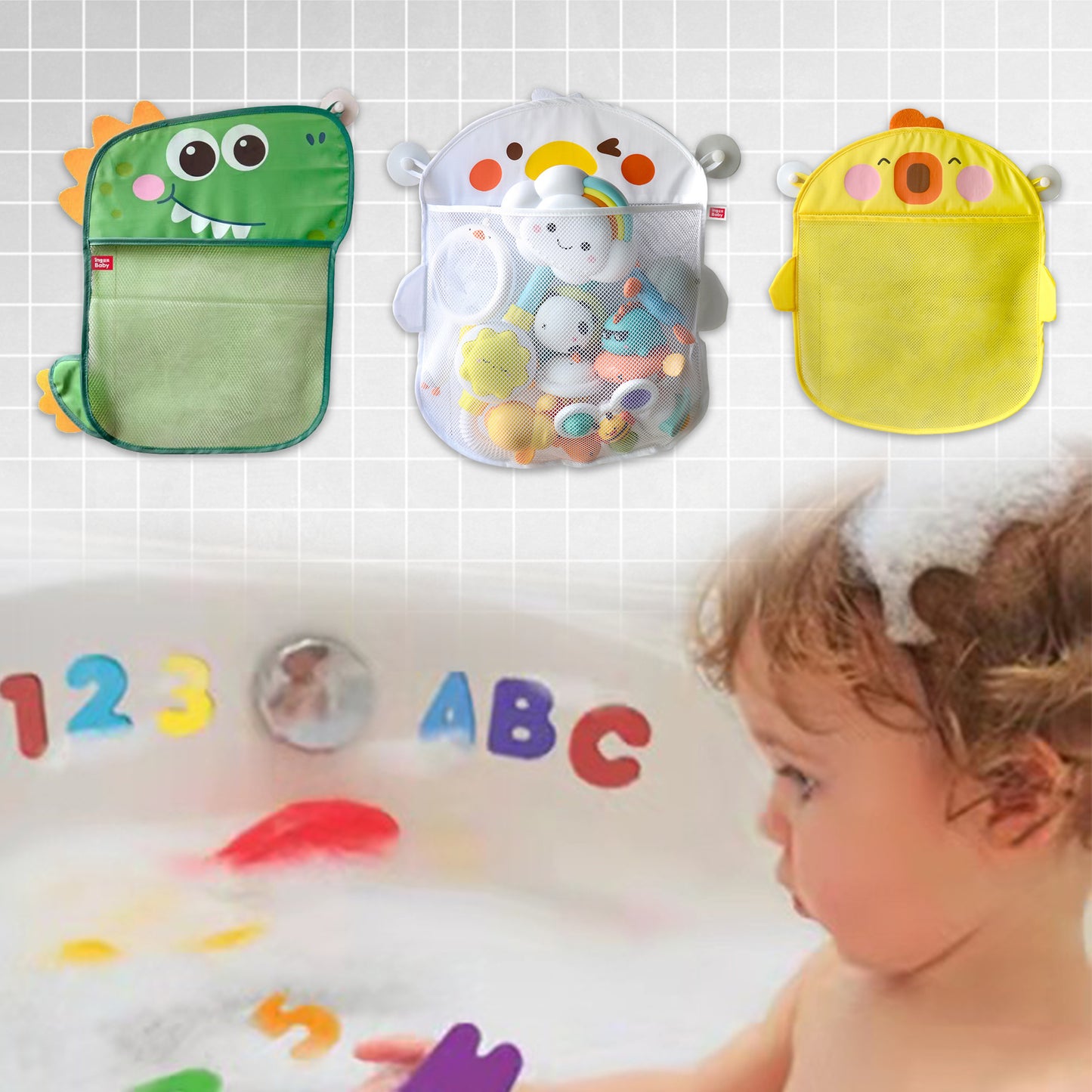 Bath Toy Storage 17.7"x17.3" 3 Pcs,Kids Bath Toy Organizer,Cartoon Bath Toy Organizer,Baby Large Bath Toy Storage for Tub,With Suction Cups and 36 Alphanumeric Toys