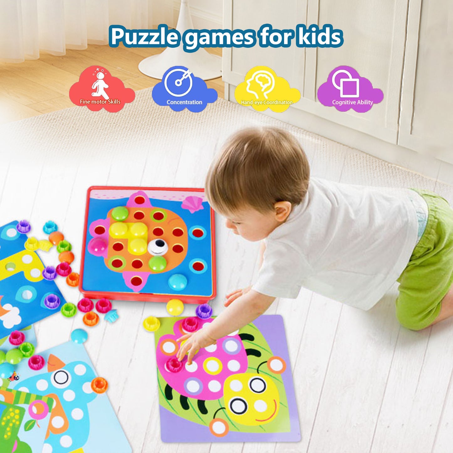 Pegboard Toys for Toddlers,Color Matching Mosaic Button Art Toys,Early Learning Educational Toys for 3+ Year Old Boys and Girls Christmas Gifts,24 Pictures and 92 Buttons