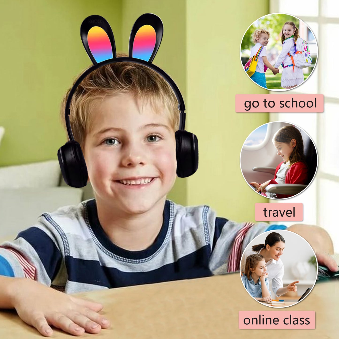 2 Pack Kids Headphones,Wireless Headphones for School,Rabbit Ear with LED Light,Foldable Headset for Online Study,Noise-canceling Stereo,Gifts for Boys and Girls