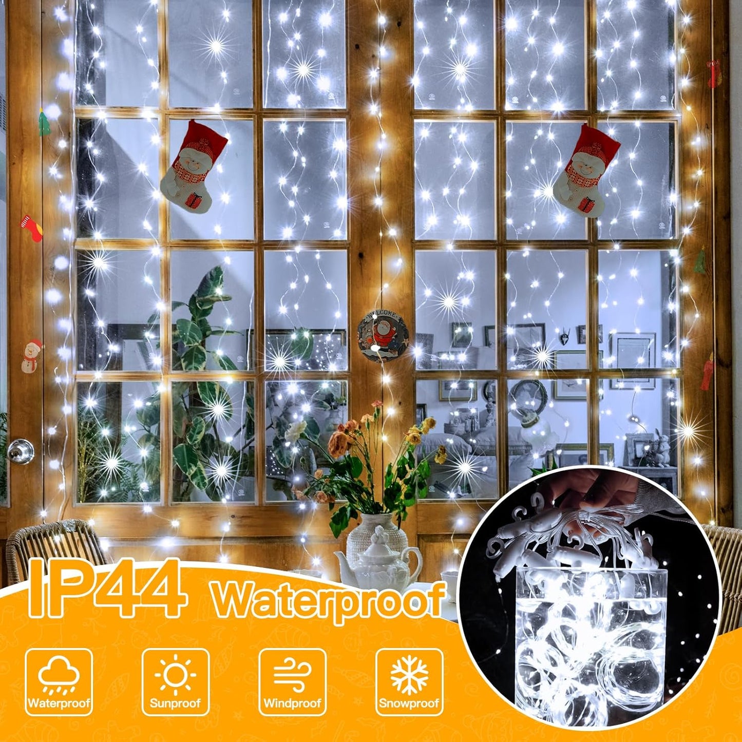 3 Pack 8 Modes Curtain Lights,Waterproof 900 LED Twinkle Light Curtains,USB Christmas Curtain Lights for Bedroom Party Wedding Wall,Cool White,9.9 x 9.9 ft