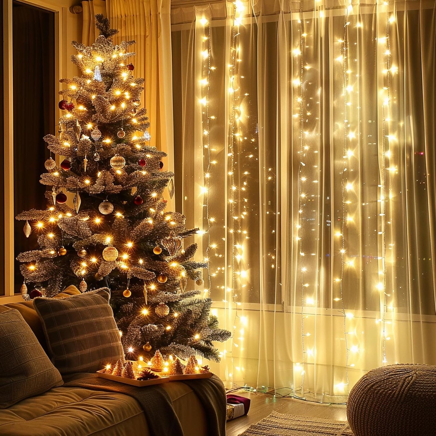 3 Pack Curtain Lights,USB 900 LED Curtain Lights,8 Modes String Curtain Lights for Christmas Bedroom Party Garden Wall Decorations,Warm White(9.9x9.9 ft)
