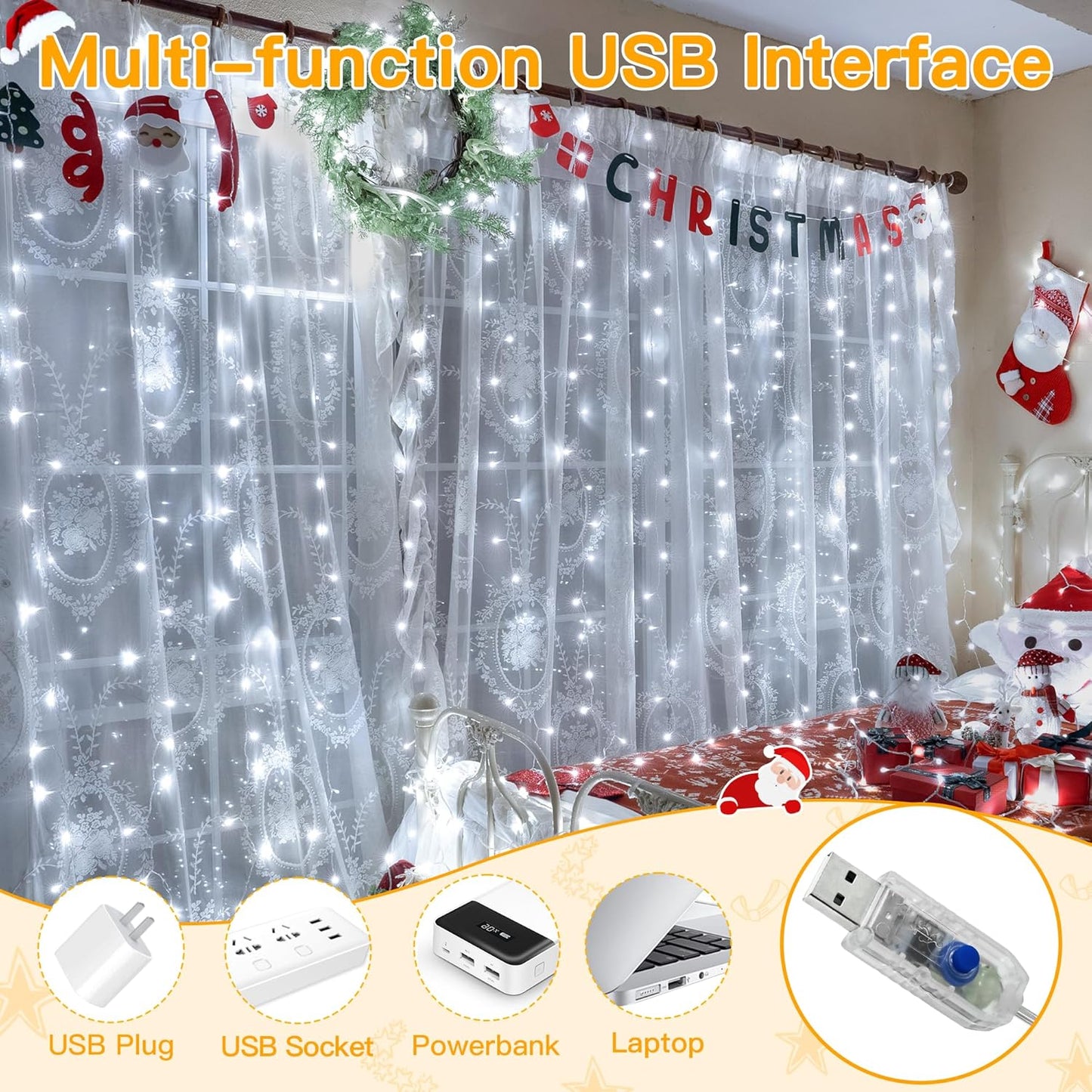 3 Pack 8 Modes Curtain Lights,Waterproof 900 LED Twinkle Light Curtains,USB Christmas Curtain Lights for Bedroom Party Wedding Wall,Cool White,9.9 x 9.9 ft
