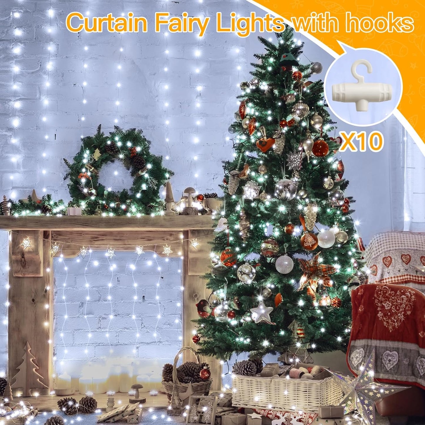 3 Pack 8 Modes Curtain Lights,Waterproof 900 LED Twinkle Light Curtains,USB Christmas Curtain Lights for Bedroom Party Wedding Wall,Cool White,9.9 x 9.9 ft