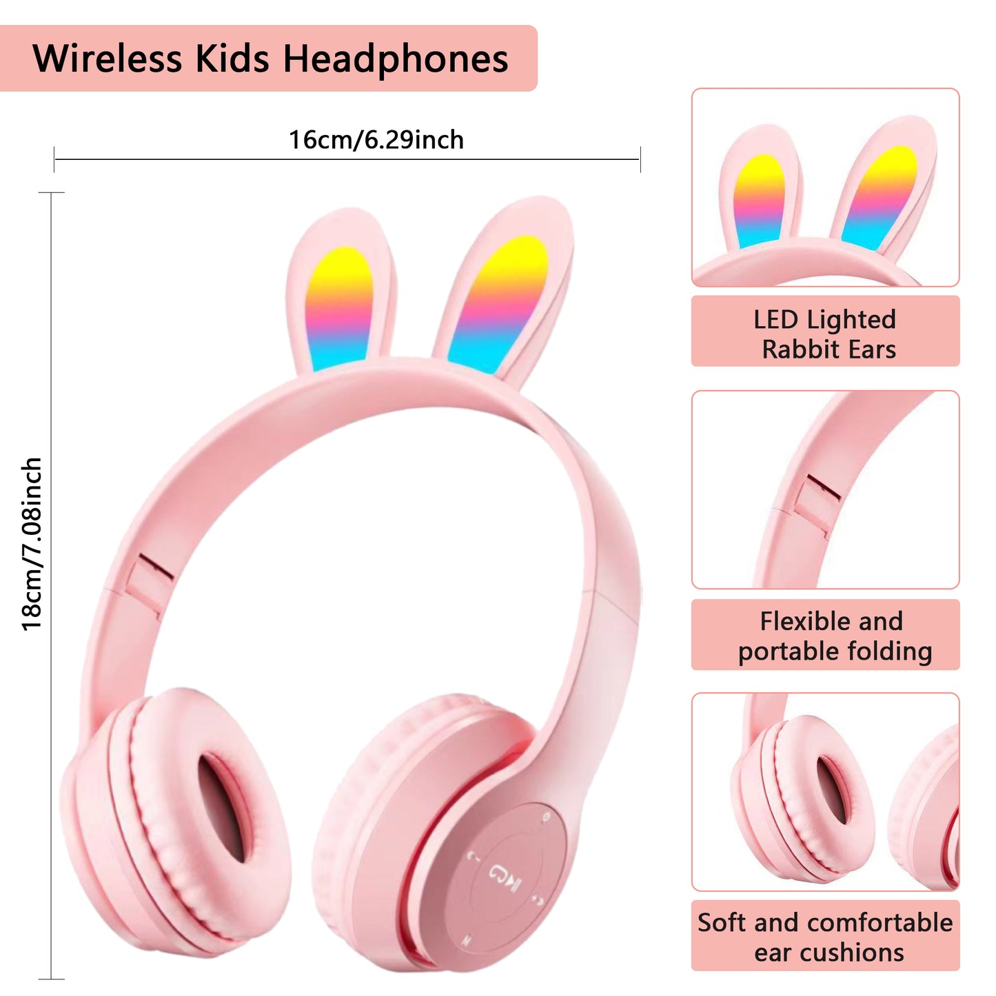 2 Pack Kids Headphones,Wireless Headphones for School,Rabbit Ear with LED Light,Foldable Headset for Online Study,Noise-canceling Stereo,Gifts for Boys and Girls