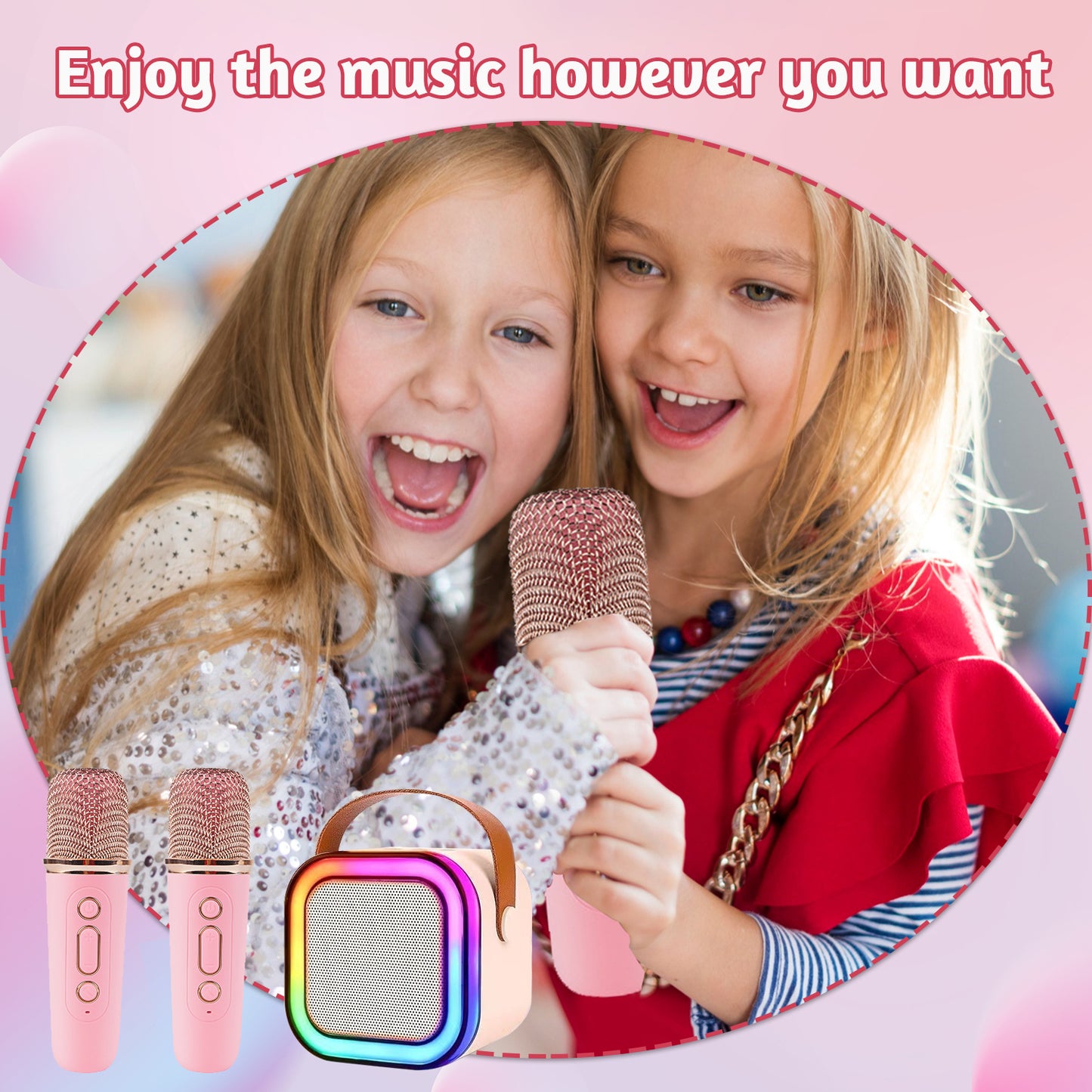 Kids Karaoke Machine,Portable Karaoke Machine with 2 Wireless Microphone,LED Light Music Party Gifts for Girls and Boys 6-10 Year Old,Pink