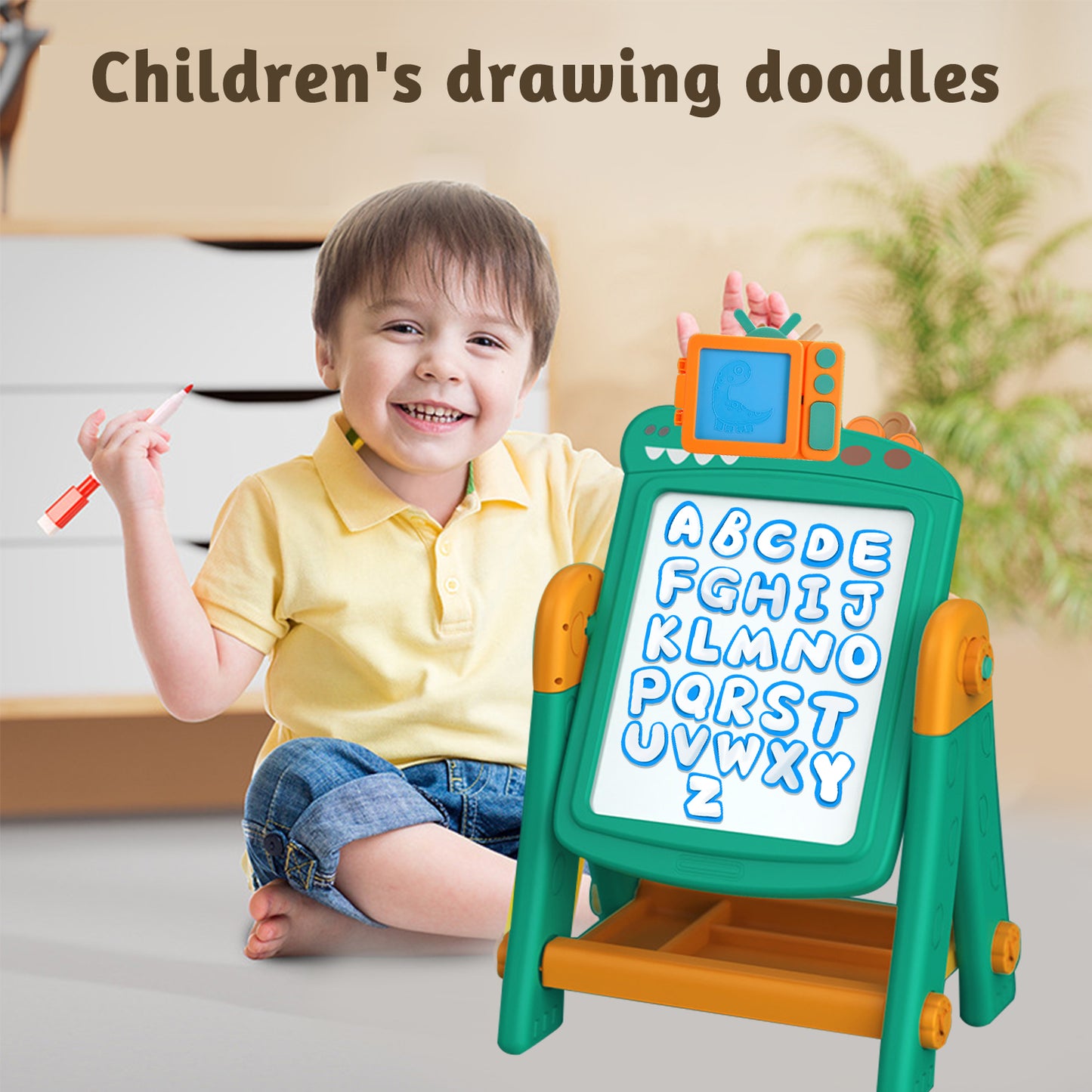 Easel for Kids,Kids Blackboard,Adjustable 3-in-1 Easel for Toddler,Double Drawing Board with Painting Accessories,Birthday Christmas Gift for Boys and Girls,Cartoon Dinosaur