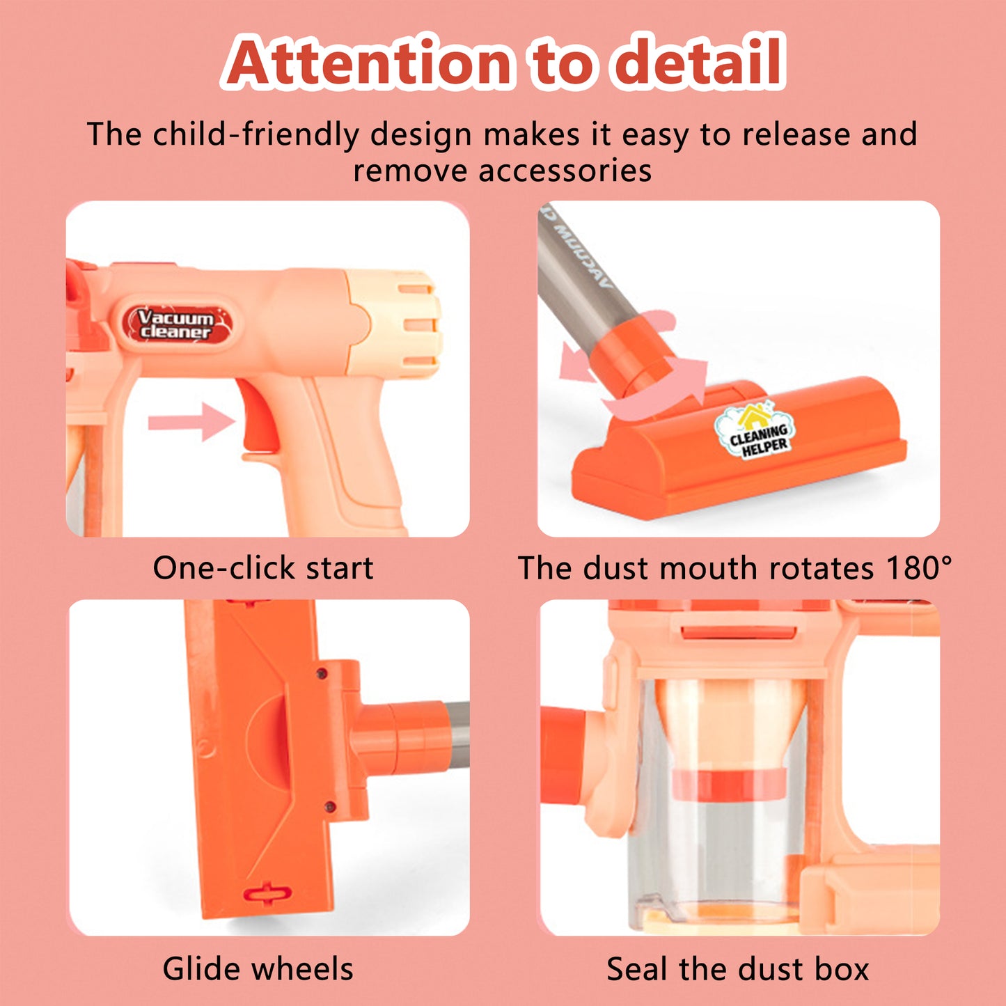 Toy Vacuum Cleaner,Toddler Vacuum Cleaner,4-in-1 Kids Cleaning Set,Kids Working Toy Vacuum Cleaner with Real Suction,Pink,Gift for Girls Age 4-8