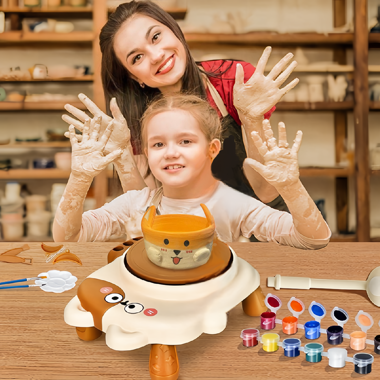 Kids Pottery Wheel,Mini Pottery Machine With 3 Clays,Pottery Set for Kids Ages 8-12,Cat Pottery Machine,Two Speeds,Air Dry Sculpting Clay and Craft Paint Toy Kit