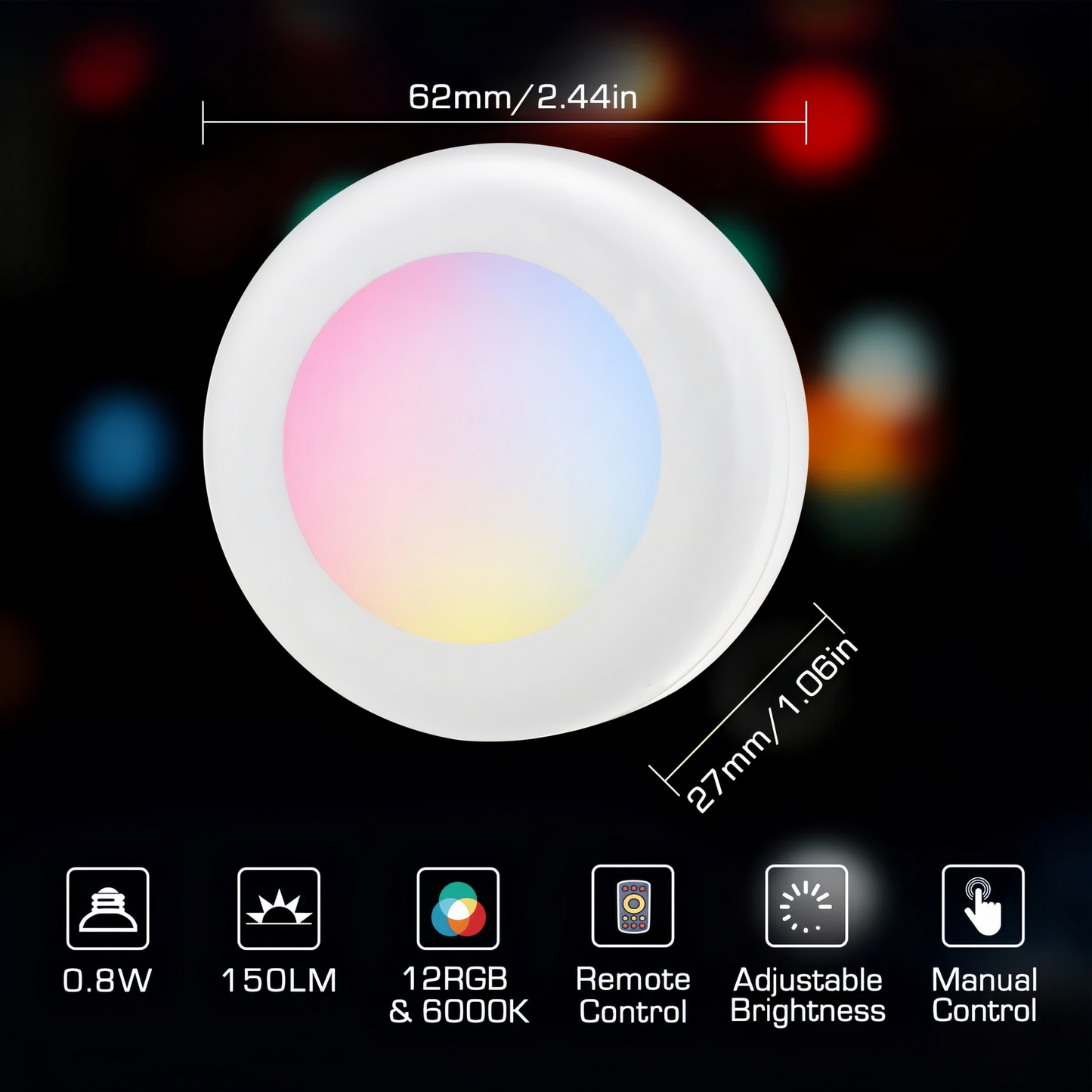 6 Pack 13 Colors Puck Lights,4 Dynamic Lighting LED Puck Lights,Remote Puck Lights,Under Cabinet Puck Lights,Adjustable Brightness Stick On Light for Counter Kitchen Wardrobe,2.44 in