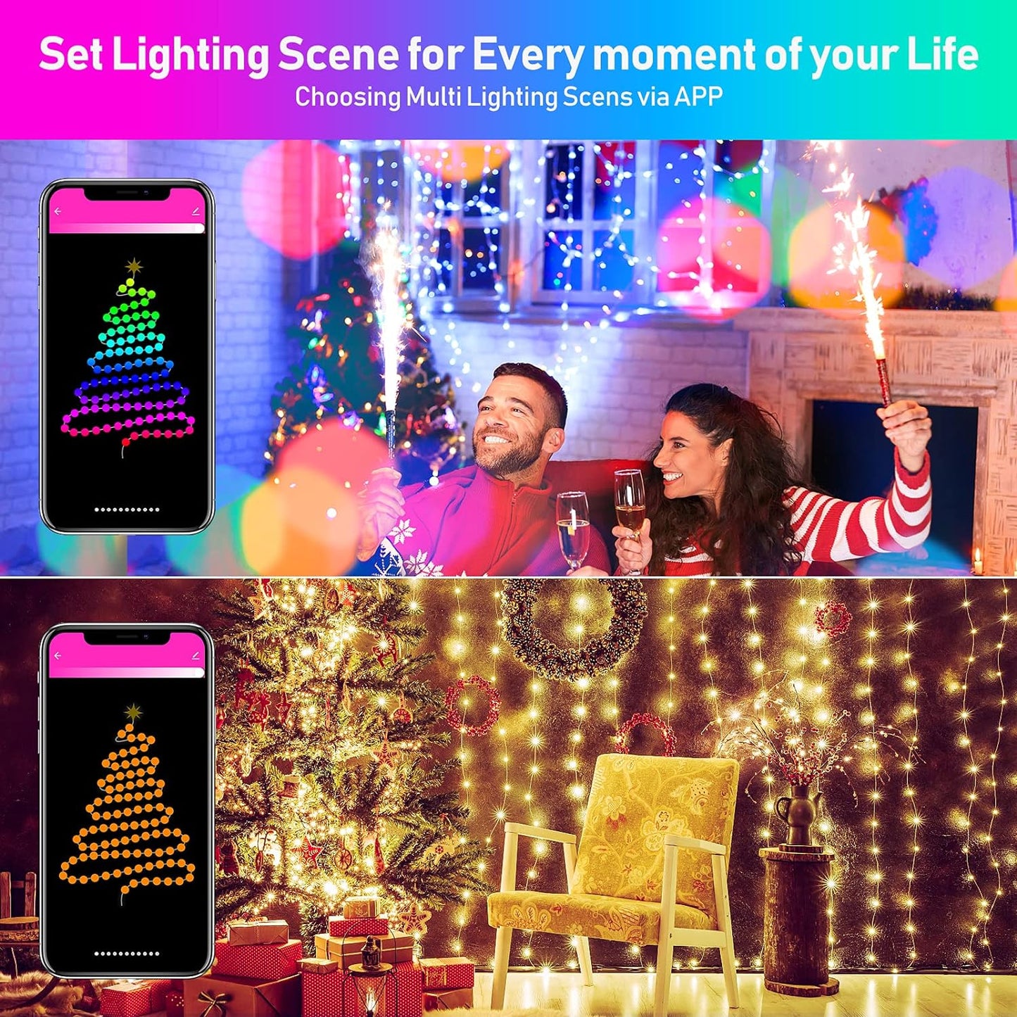 3 Pack Remote Fairy Lights,RGB Fairy String Lights,98.4 ft APP and Remote Control,USB IP65 Waterproof Color Changing Fairy Lights for Christmas Wedding Party