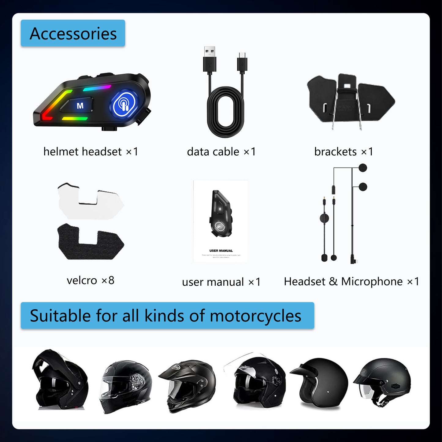 Motorcycle Headset with Colorful LED light,Motorcycle Helmet Headset Communication System,Motorcycle Helmet Speakers,Waterproof Noise Cancellation,Music Connection
