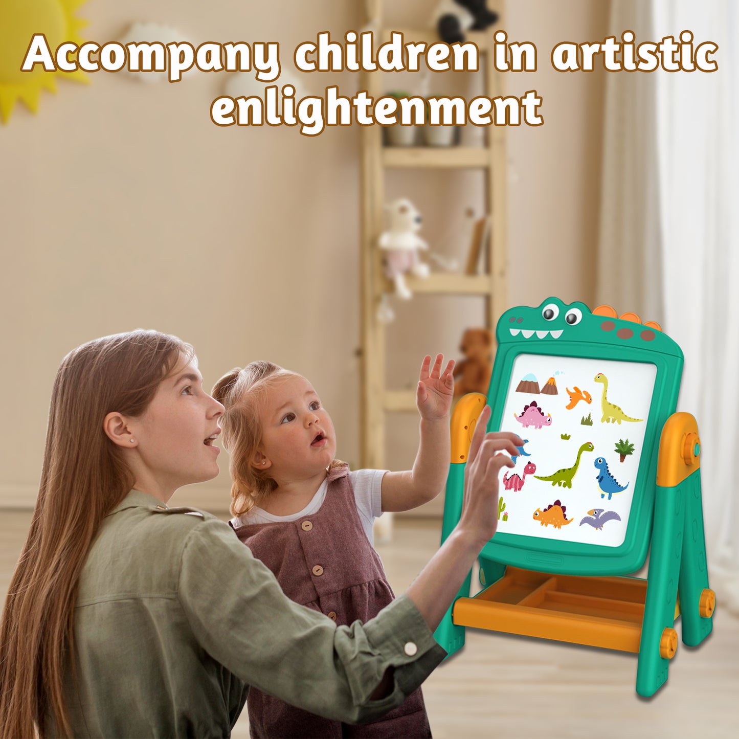 Easel for Kids,Kids Blackboard,Adjustable 3-in-1 Easel for Toddler,Double Drawing Board with Painting Accessories,Birthday Christmas Gift for Boys and Girls,Cartoon Dinosaur