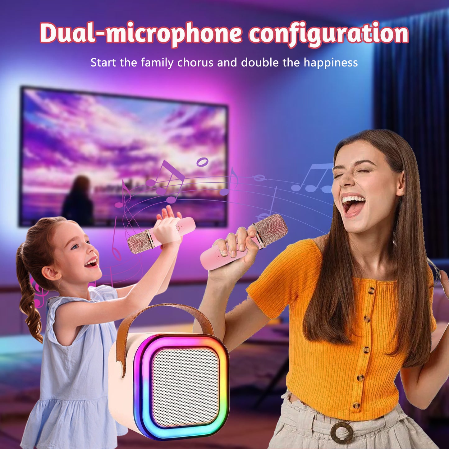 Kids Karaoke Machine,Portable Karaoke Machine with 2 Wireless Microphone,LED Light Music Party Gifts for Girls and Boys 6-10 Year Old,Pink