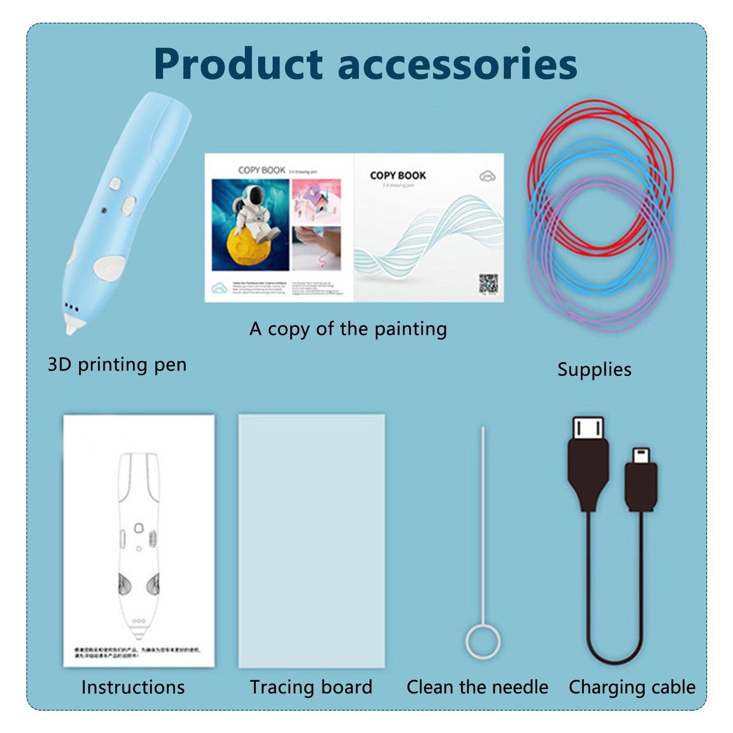 3D Printing Pen,Kids Blue Wireless 3d Pen With 13 3D Pen Filaments,Two-speed Adjustable,Stencil Book,Project Guide,And USB Charger,Christmas or Birthday Gifts for Kids Aged 6+