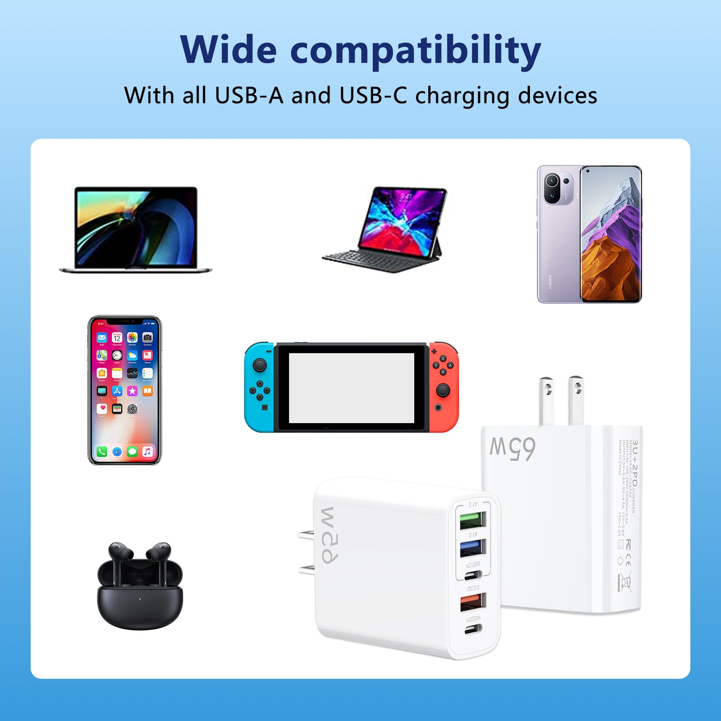 65W USB C Fast Charger,2 Pack Wall Charger Block,6 Port Power Adapter,Compatible with Various Types of Mobile Phones and Computers,White