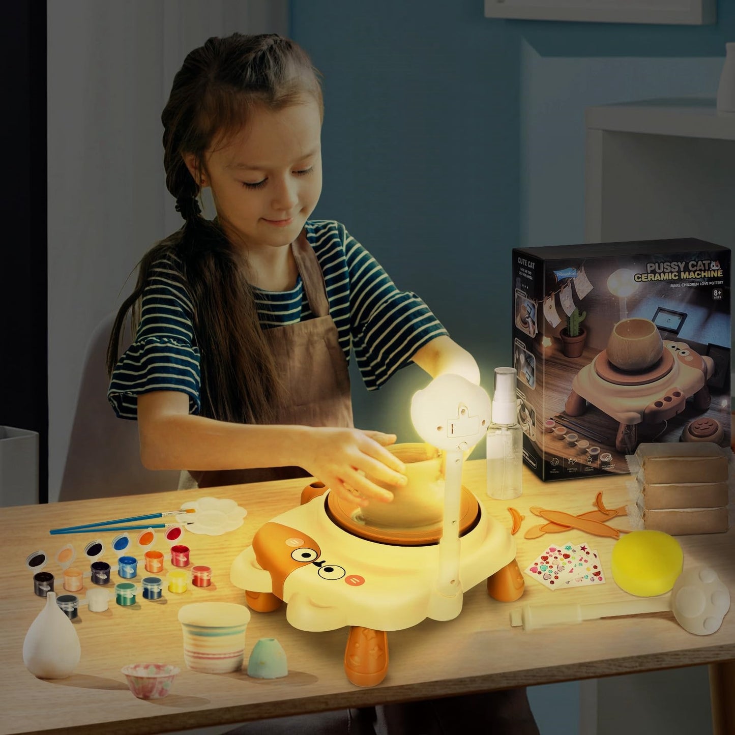 Kids Pottery Wheel,Mini Pottery Machine With 3 Clays,Pottery Set for Kids Ages 8-12,Cat Pottery Machine,Two Speeds,Air Dry Sculpting Clay and Craft Paint Toy Kit