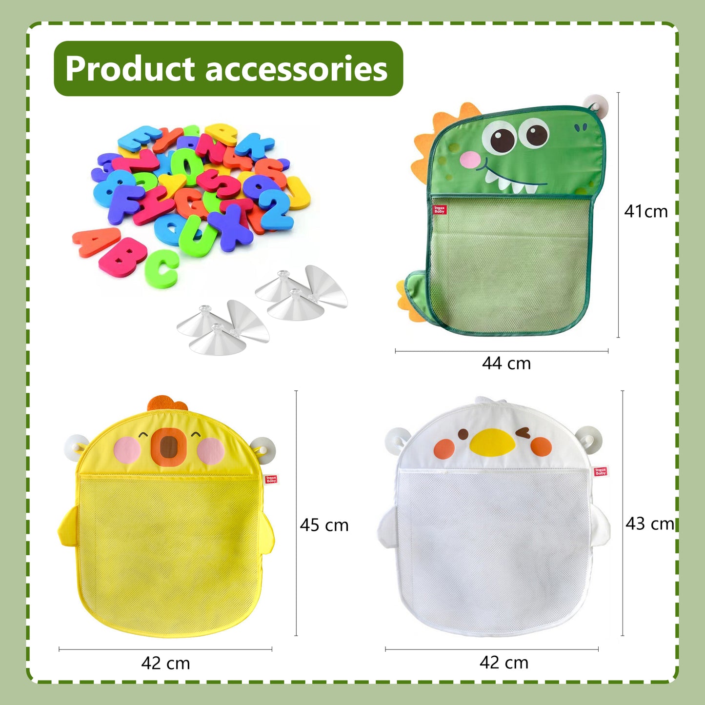 Bath Toy Storage 17.7"x17.3" 3 Pcs,Kids Bath Toy Organizer,Cartoon Bath Toy Organizer,Baby Large Bath Toy Storage for Tub,With Suction Cups and 36 Alphanumeric Toys
