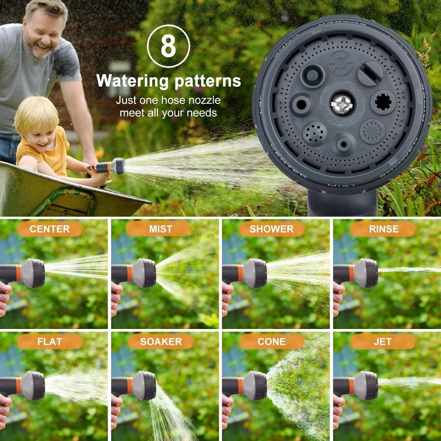 2 Pack Heavy-Duty Multi-Function Water Hose Nozzle,Hose Nozzles For Lawn And Garden, 8 Spray Patterns For Watering Plants, Cleaning Cars, Showering Pets - 8-Pattern Watering Nozzle