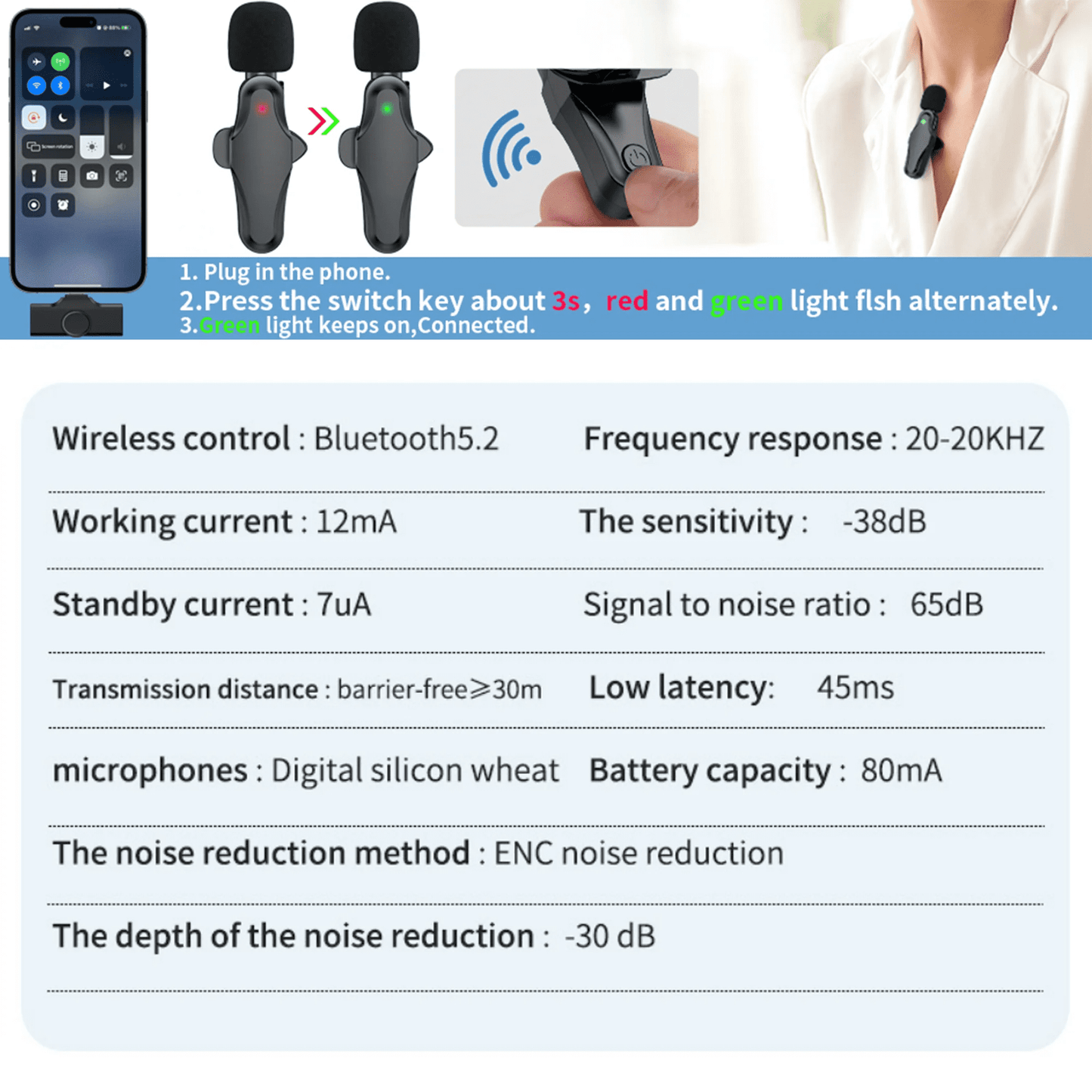 Wireless Lavalier Microphone for Phone, Wireless Microphone for Video Recording, Live Stream, Noise Reduction & Plug-Play