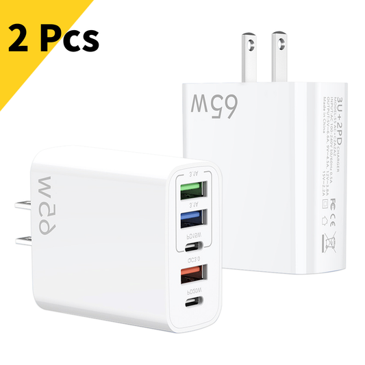 65W USB C Fast Charger,2 Pack Wall Charger Block,6 Port Power Adapter,Compatible with Various Types of Mobile Phones and Computers,White